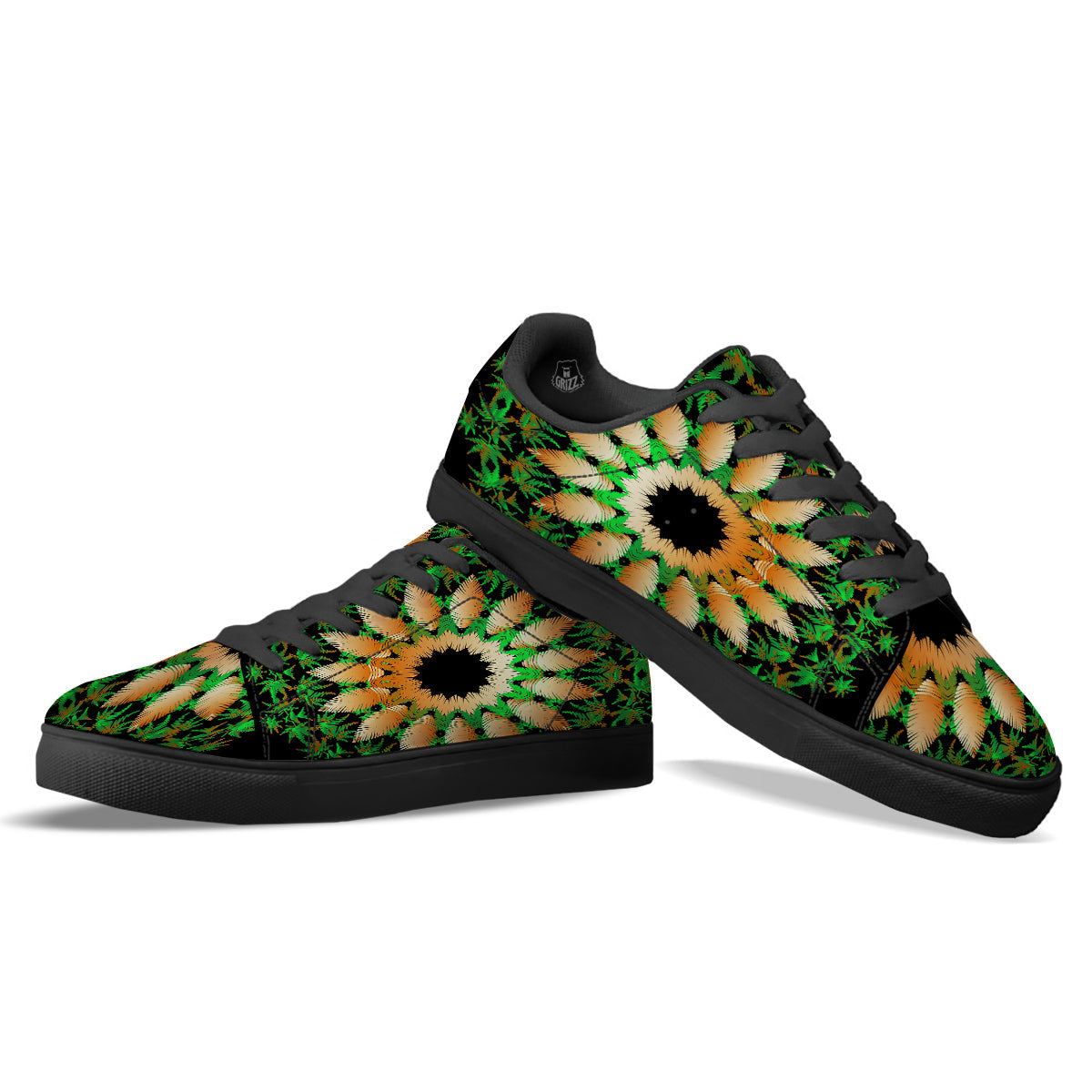Mandala Cannabis Leaf Print Black Low Top Sneakers-grizzshop