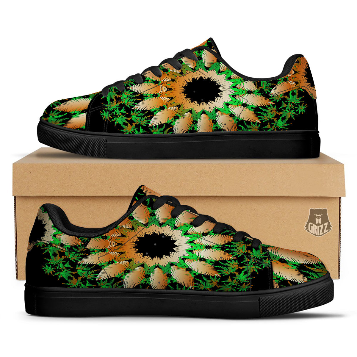 Mandala Cannabis Leaf Print Black Low Top Sneakers-grizzshop