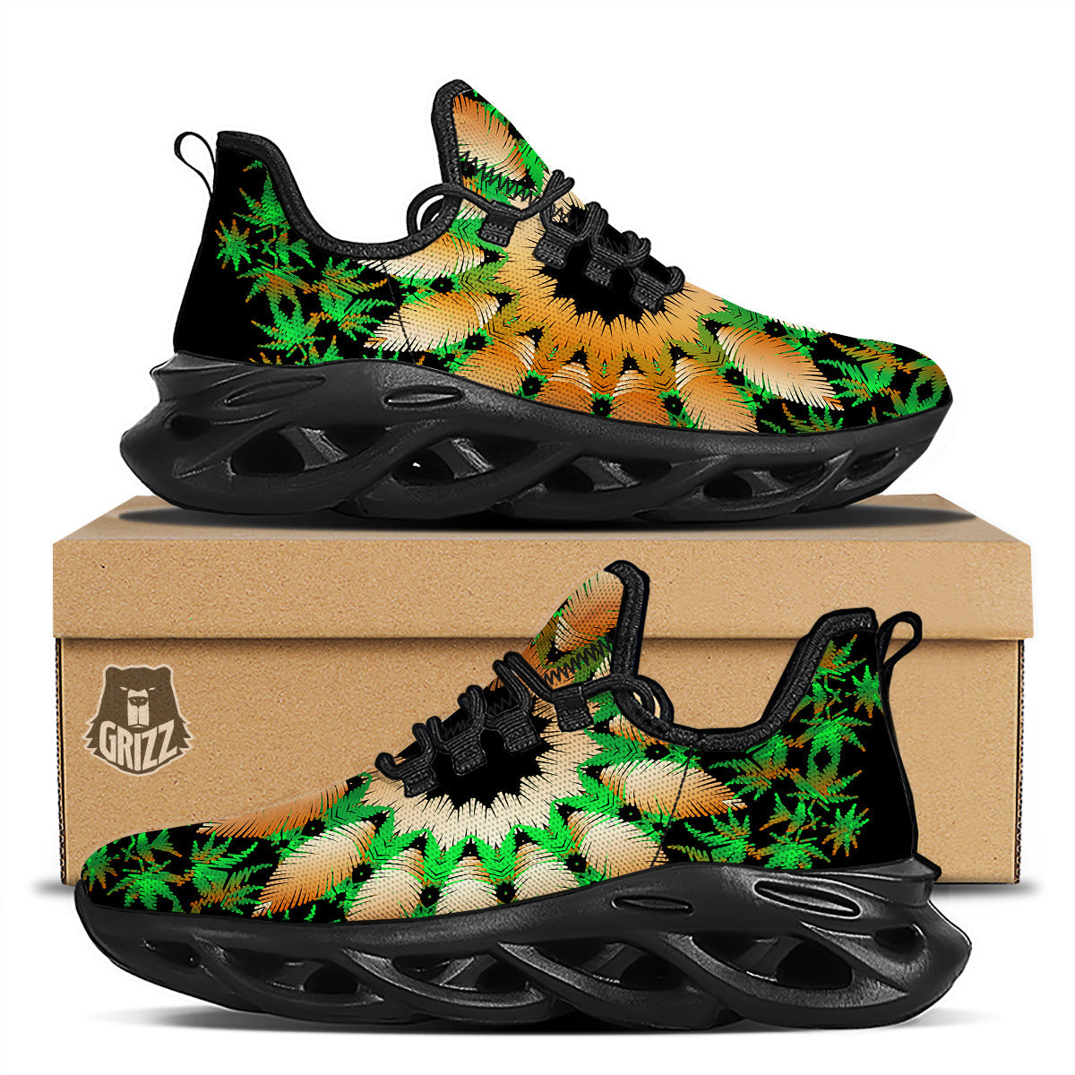 Mandala Cannabis Leaf Print Black Running Shoes-grizzshop