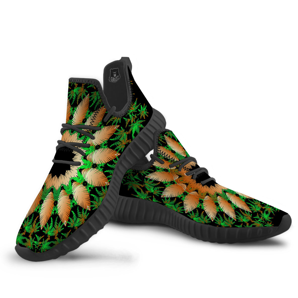 Mandala Cannabis Leaf Print Black Walking Shoes-grizzshop