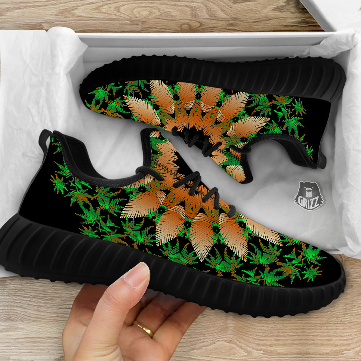 Mandala Cannabis Leaf Print Black Walking Shoes-grizzshop