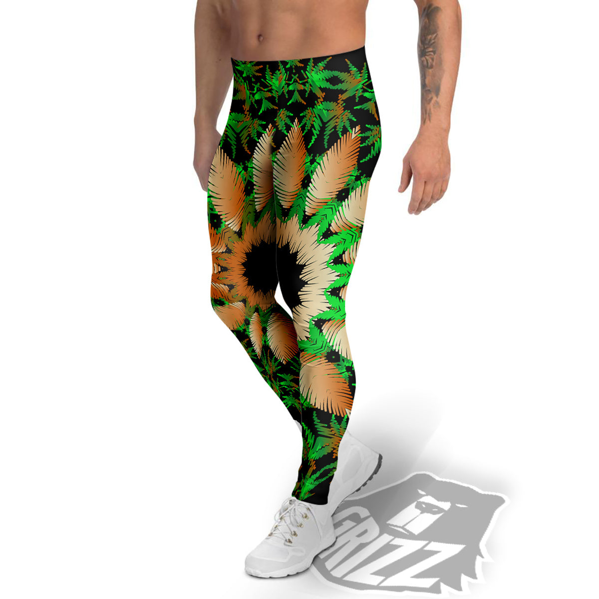 Mandala Cannabis Leaf Print Men's Leggings-grizzshop