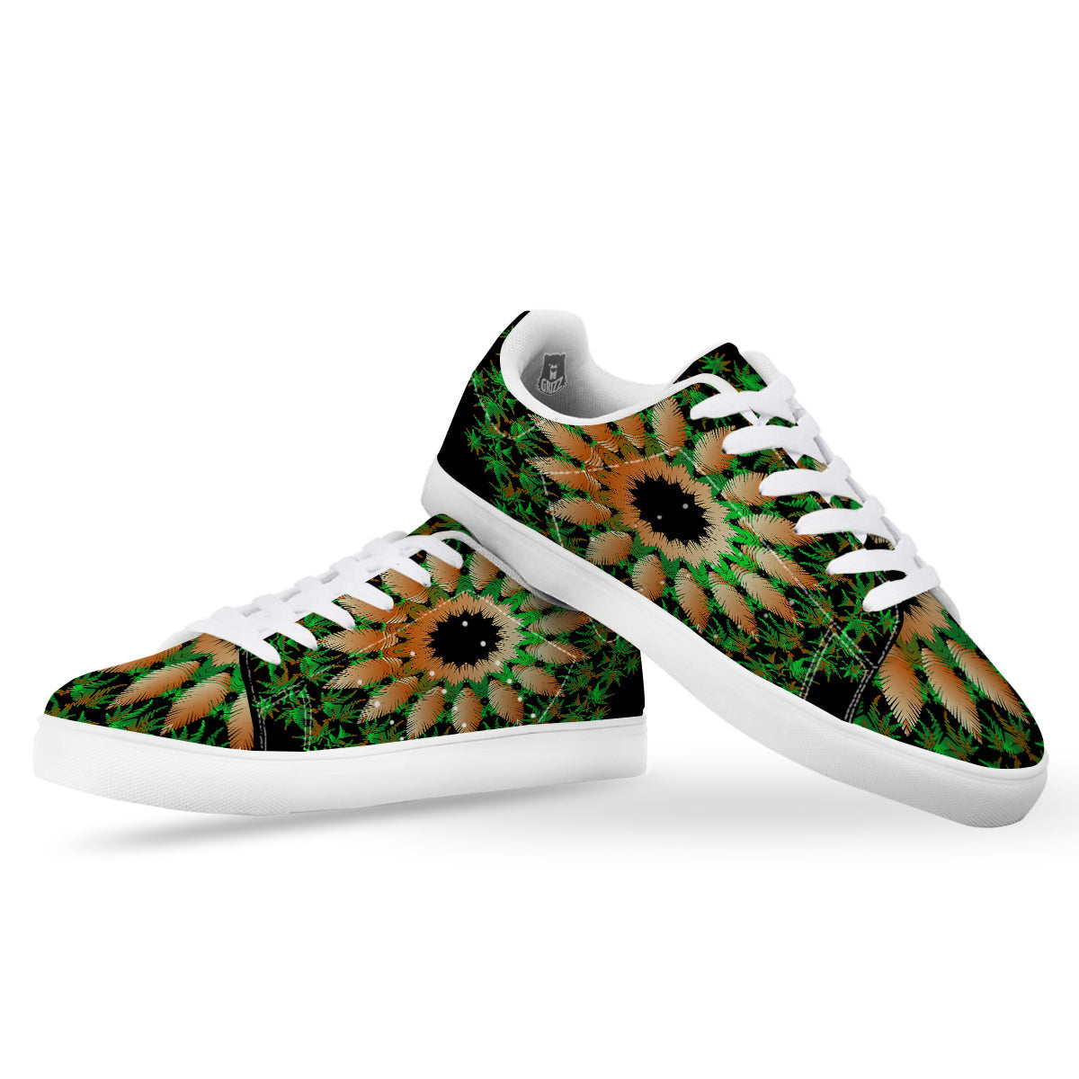 Mandala Cannabis Leaf Print White Low Top Sneakers-grizzshop