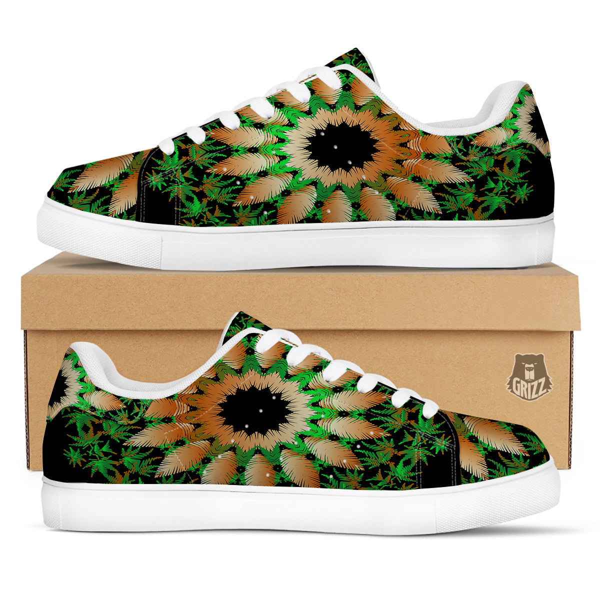 Mandala Cannabis Leaf Print White Low Top Sneakers-grizzshop