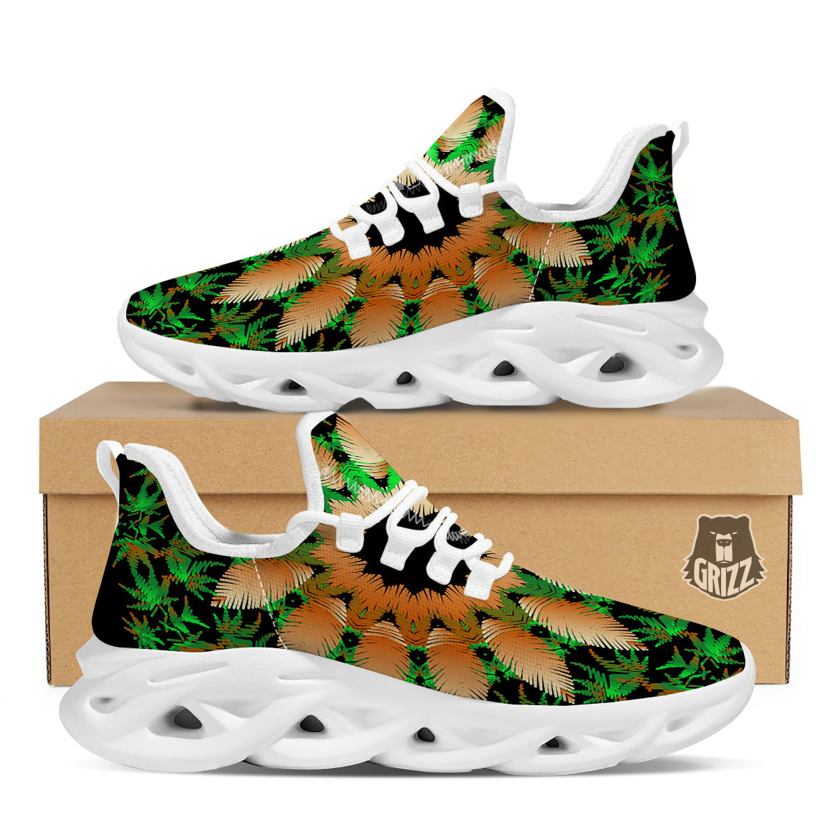 Mandala Cannabis Leaf Print White Running Shoes-grizzshop