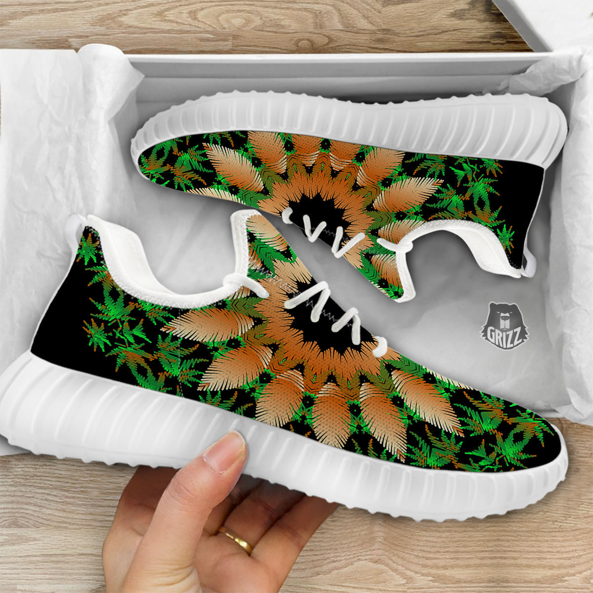 Mandala Cannabis Leaf Print White Walking Shoes-grizzshop