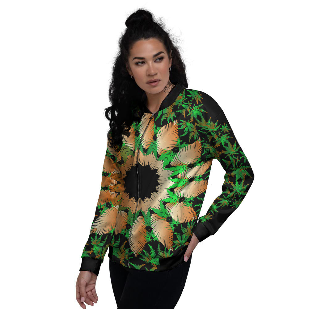 Mandala Cannabis Leaf Print Women's Bomber Jacket-grizzshop