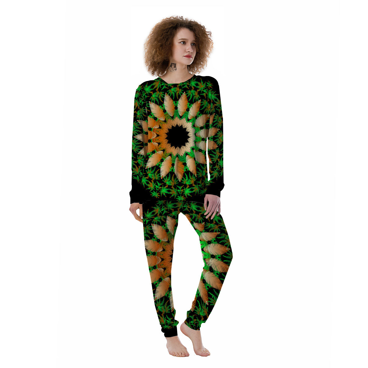 Mandala Cannabis Leaf Print Women's Pajamas-grizzshop