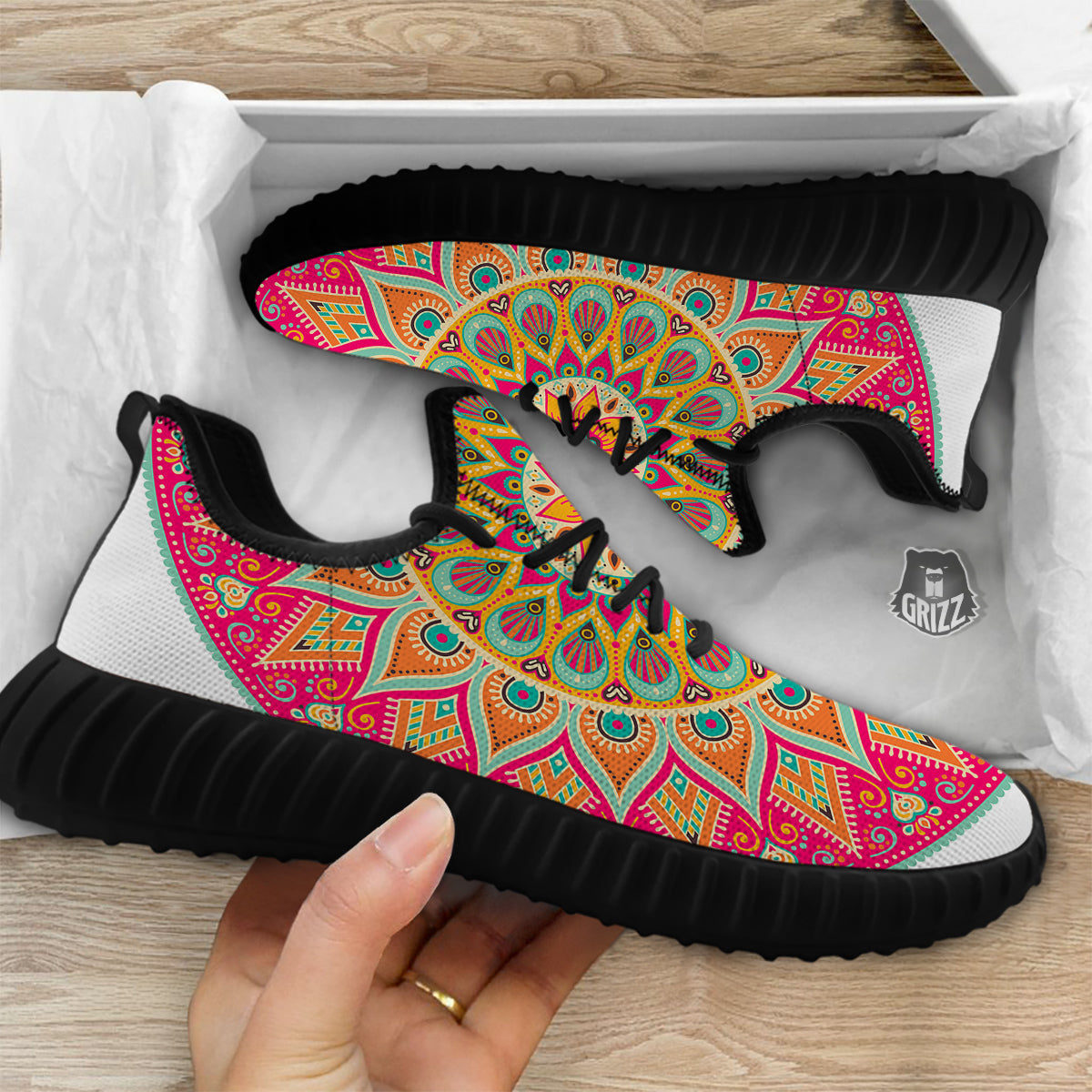 Mandala Circle Colorful Print Black Walking Shoes-grizzshop