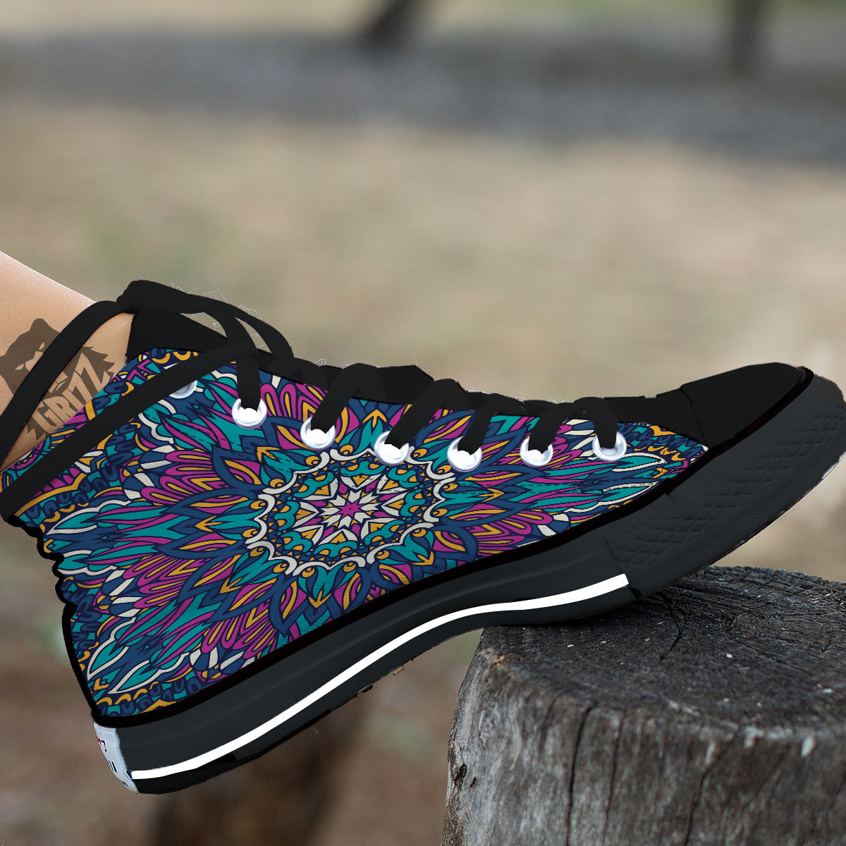 Mandala Coloful Print Black High Top Shoes-grizzshop