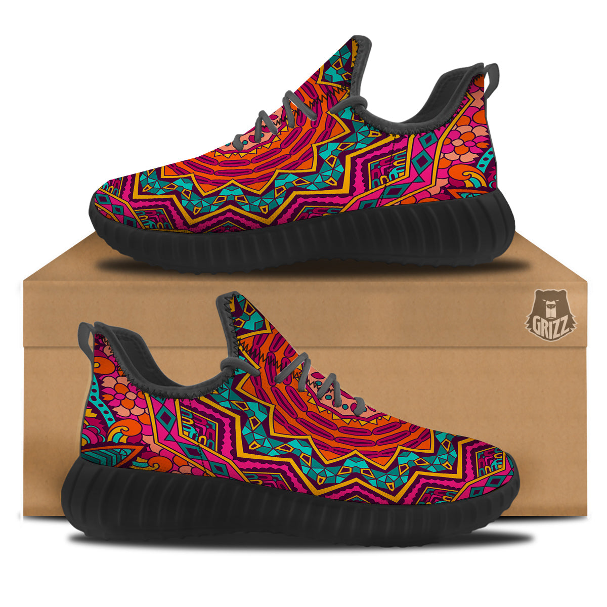 Mandala Colorful Print Black Walking Shoes-grizzshop