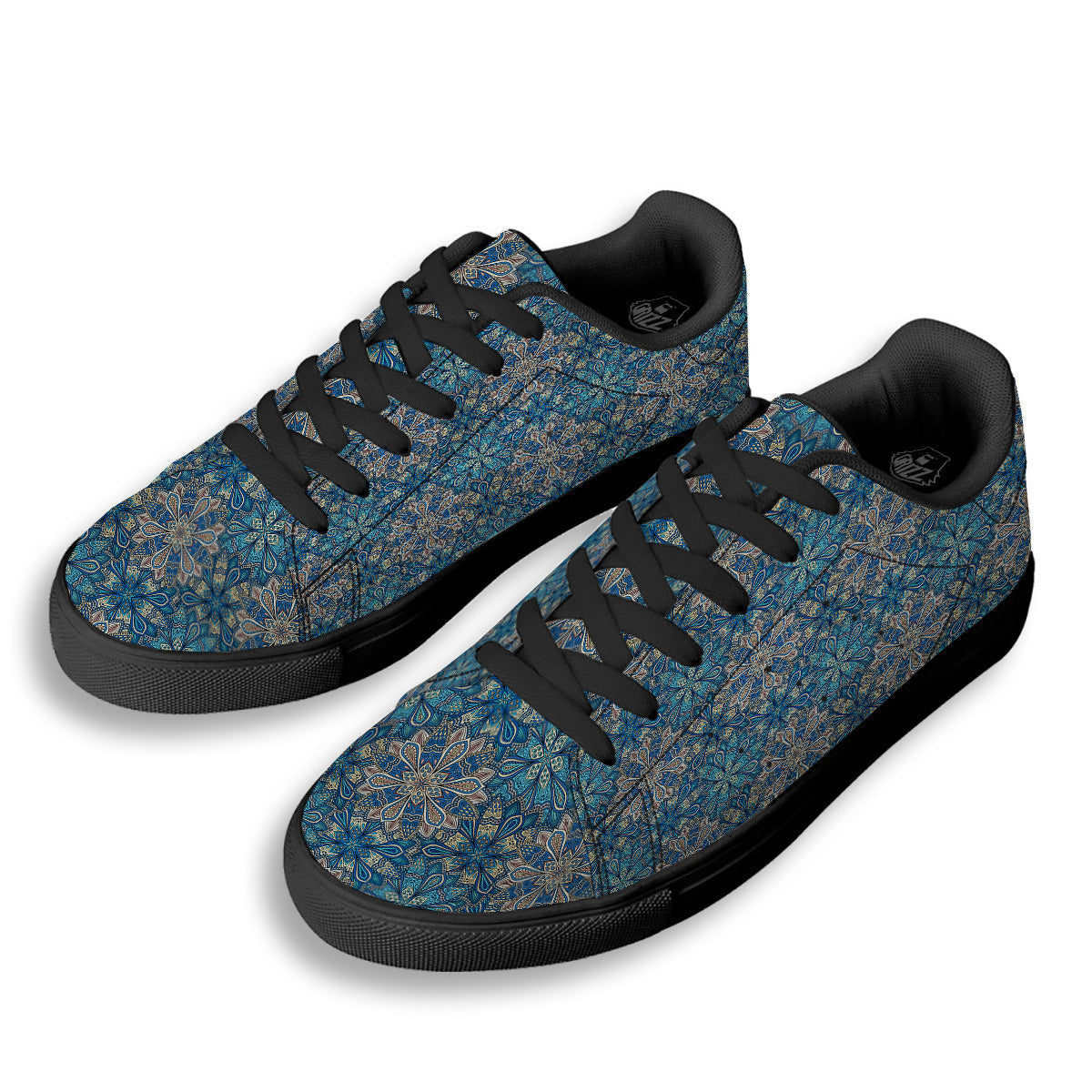 Mandala Floral Boho Chic Print Black Low Top Sneakers-grizzshop