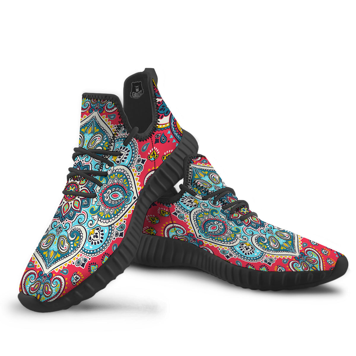 Mandala Floral Colorful Print Black Walking Shoes-grizzshop