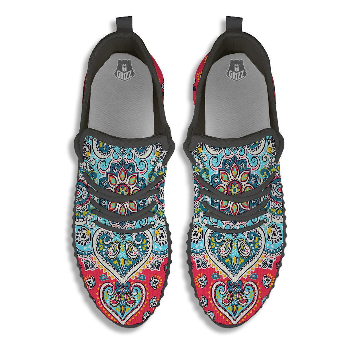 Mandala Floral Colorful Print Black Walking Shoes-grizzshop