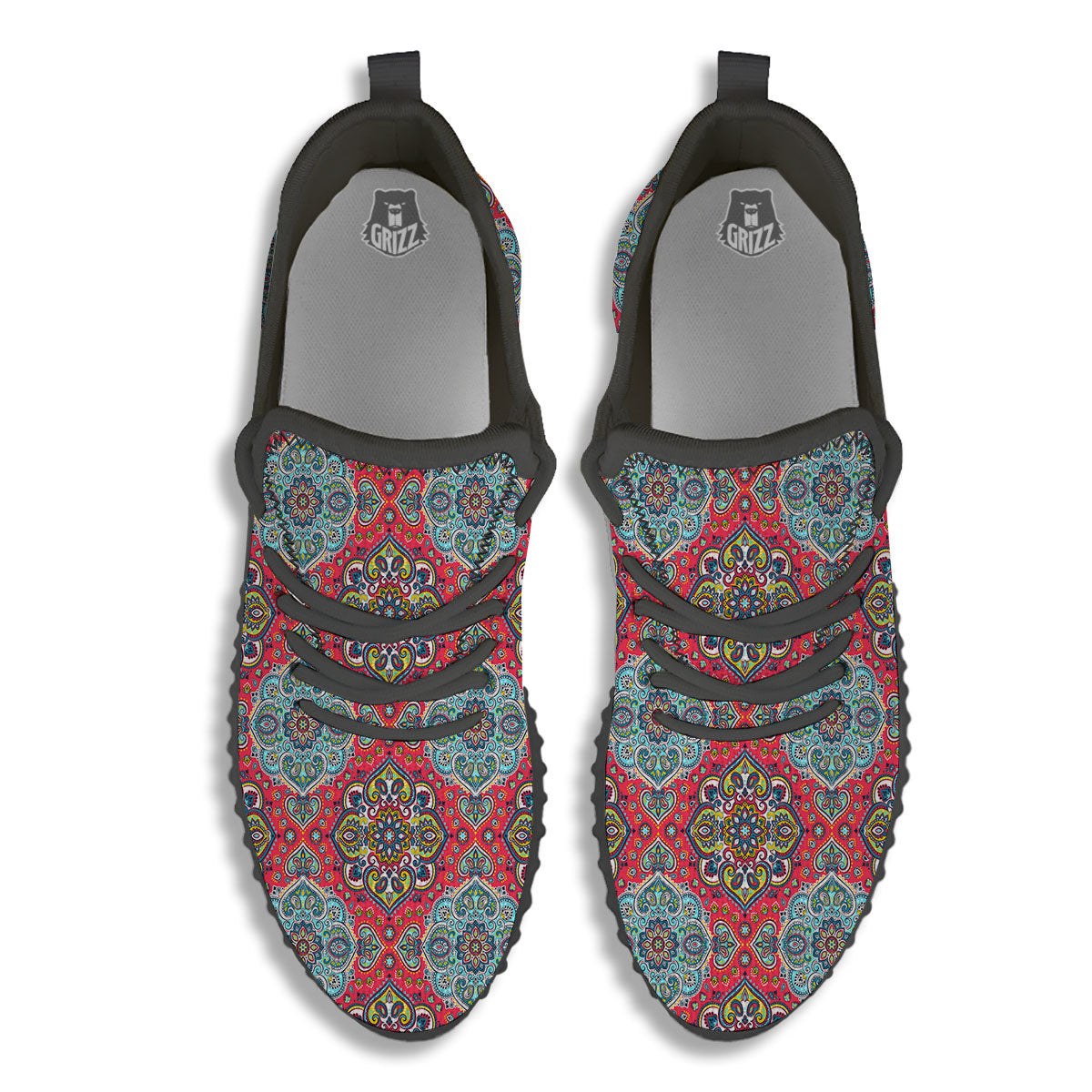 Mandala Floral Paisley Print Black Walking Shoes-grizzshop