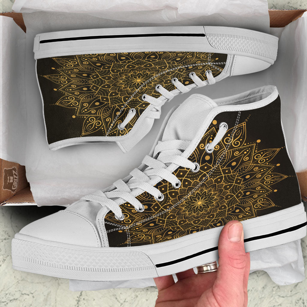 Mandala Gold And Black Print White High Top Shoes-grizzshop