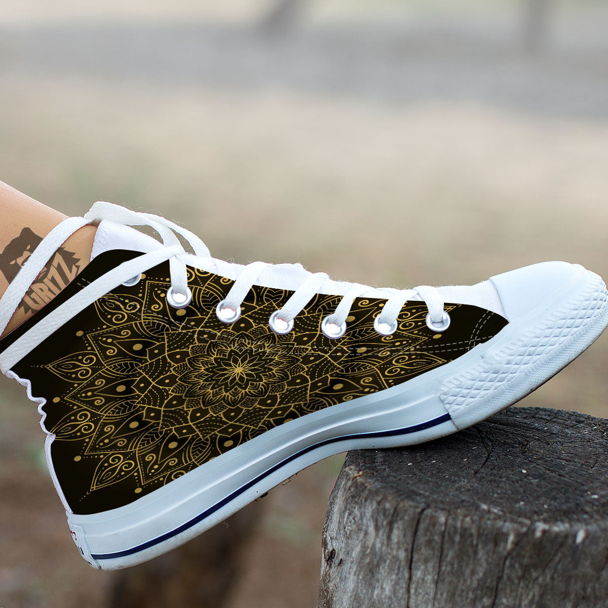 Mandala Gold And Black Print White High Top Shoes-grizzshop