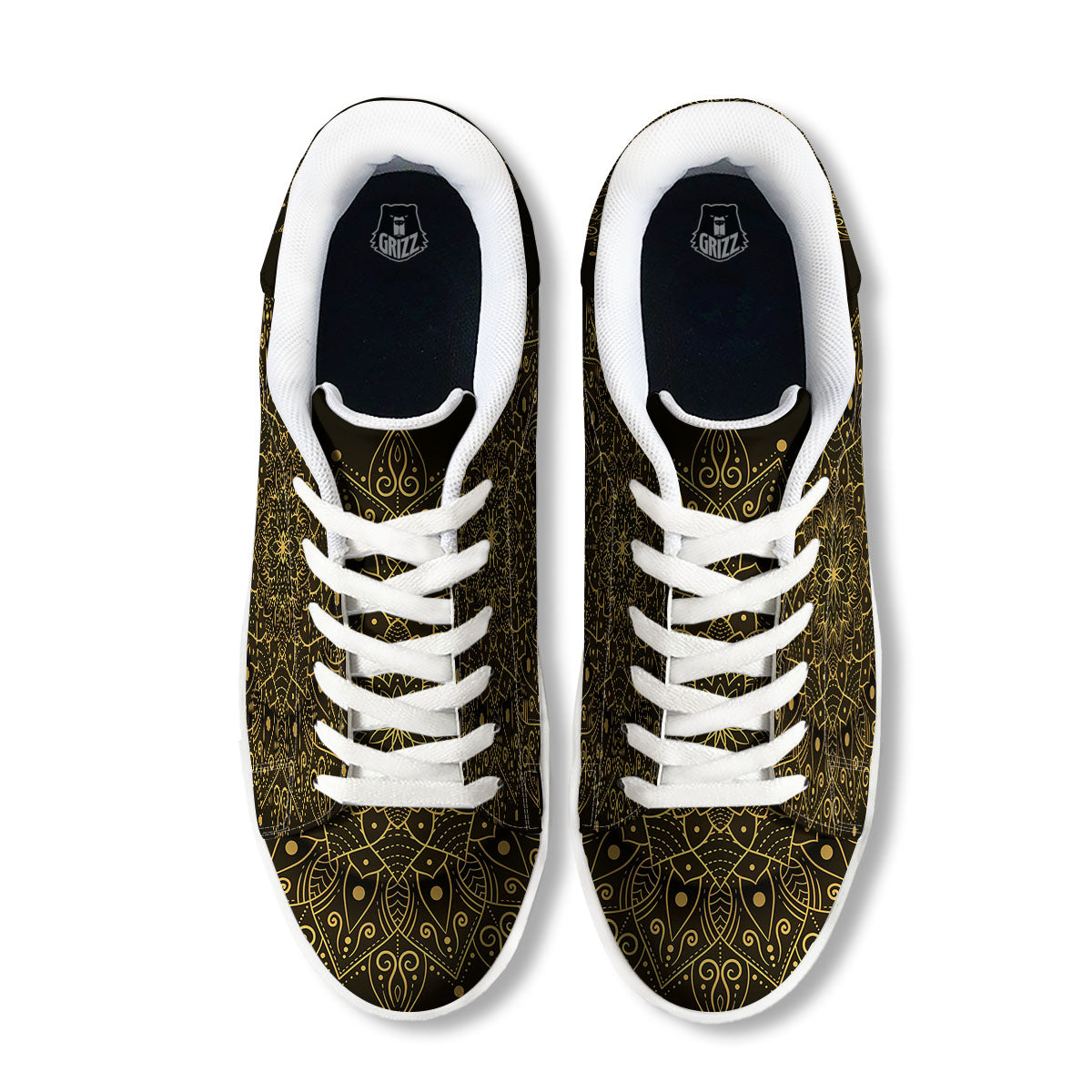 Mandala Gold And Black Print White Low Top Sneakers-grizzshop