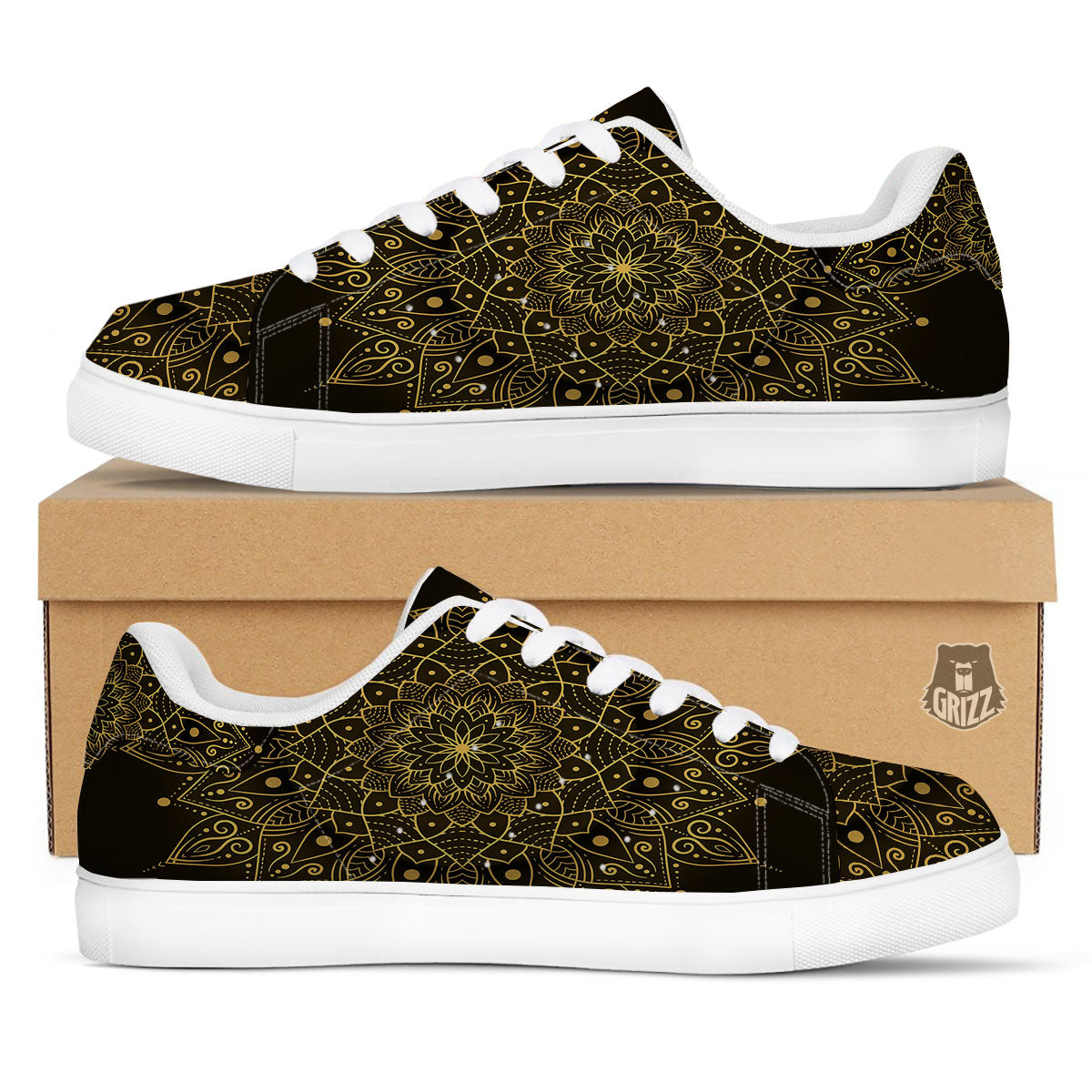 Mandala Gold And Black Print White Low Top Sneakers-grizzshop