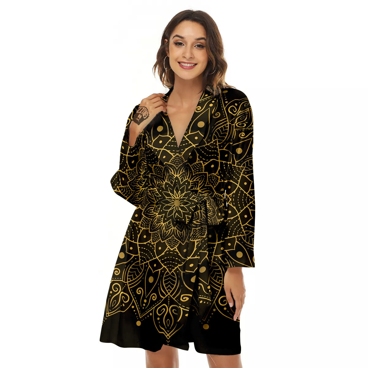 Mandala Gold And Black Print Women's Robe-grizzshop