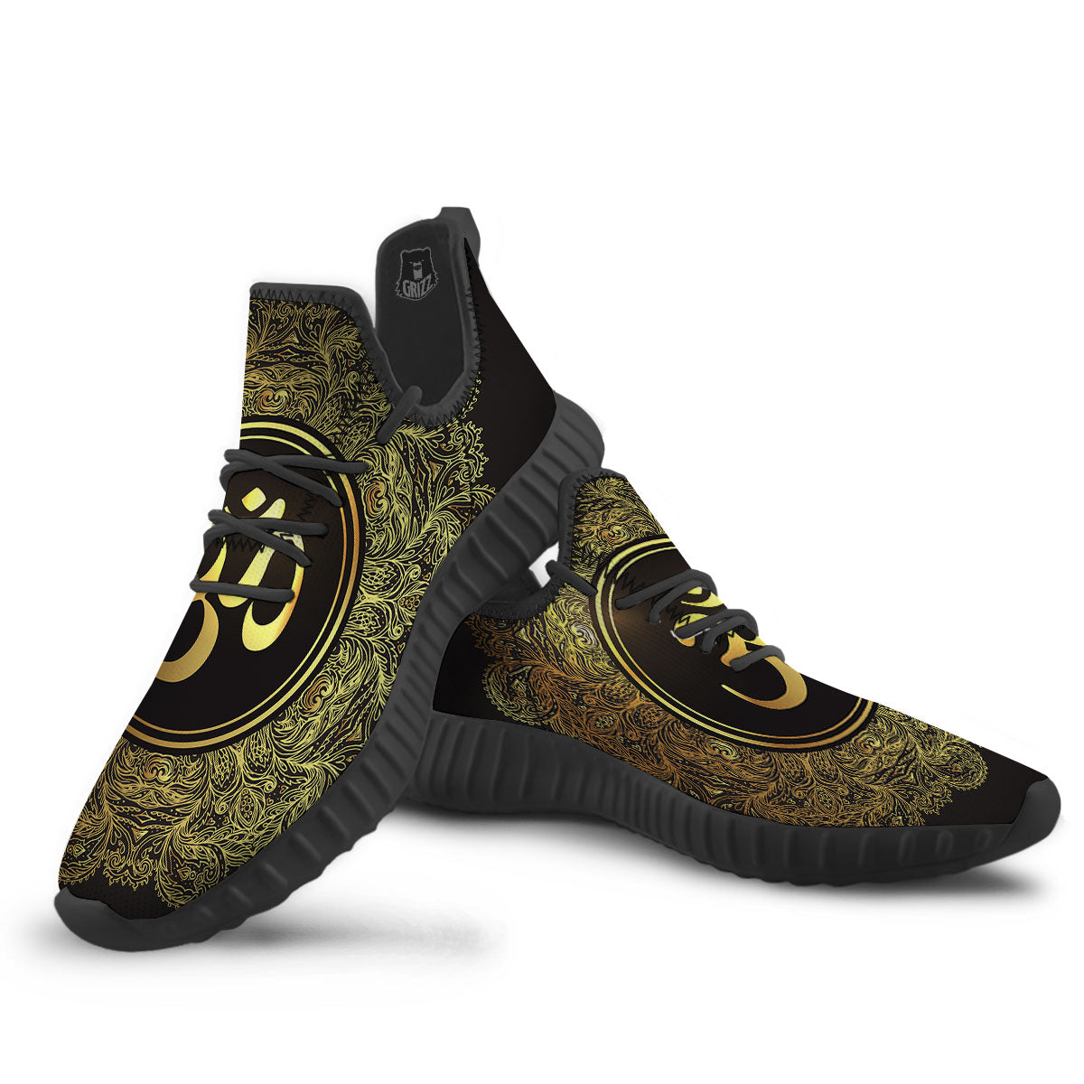 Mandala Om Gold Print Black Walking Shoes-grizzshop