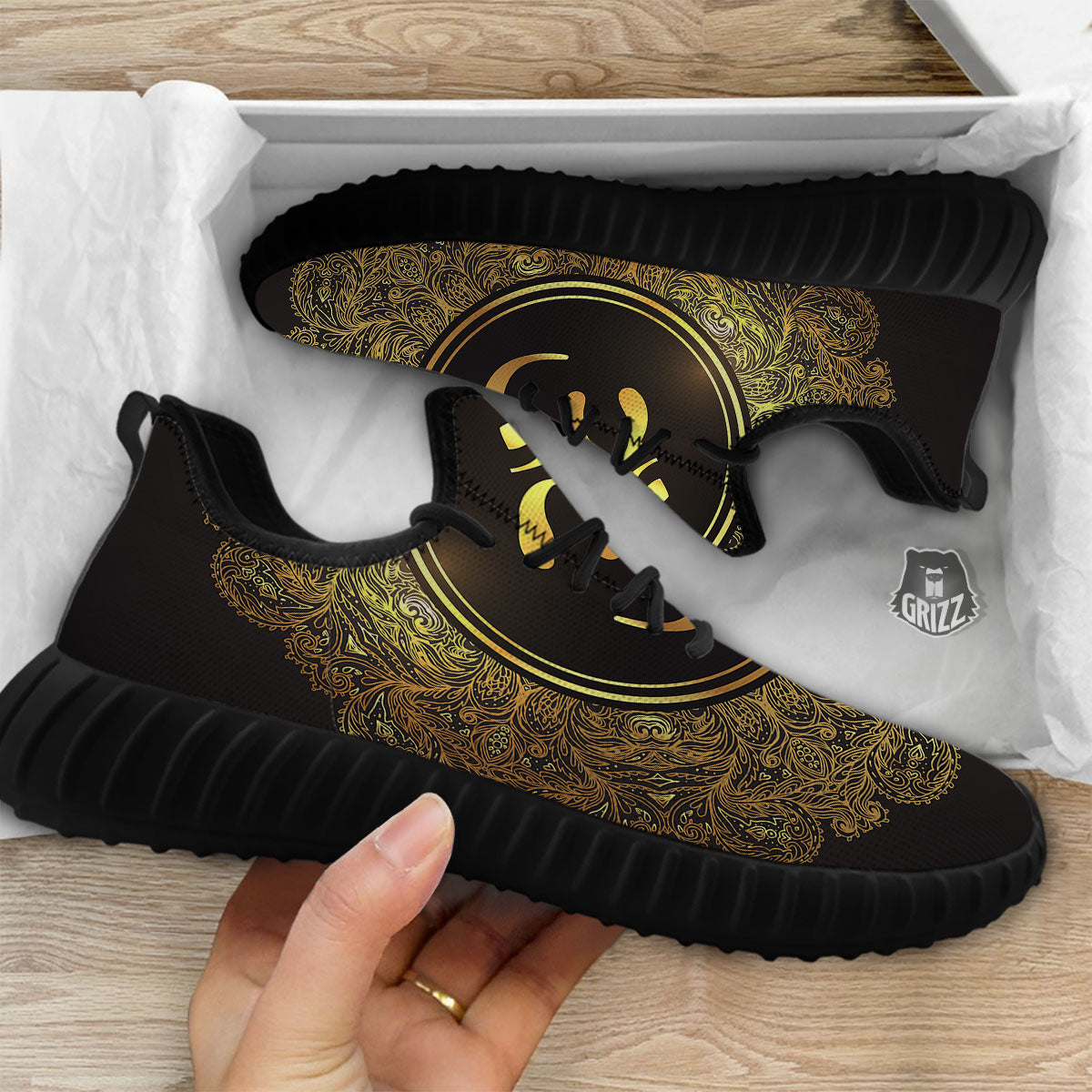 Mandala Om Gold Print Black Walking Shoes-grizzshop