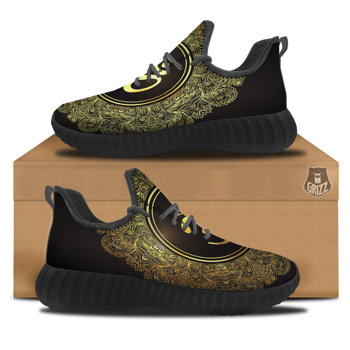 Mandala Om Gold Print Black Walking Shoes-grizzshop