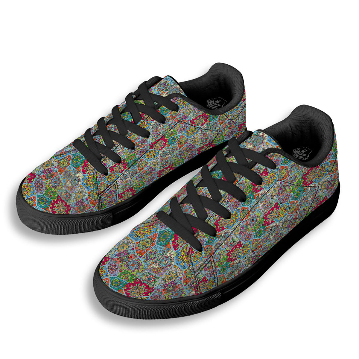 Mandala Patchwork Bohemian Indian Print Black Low Top Sneakers-grizzshop