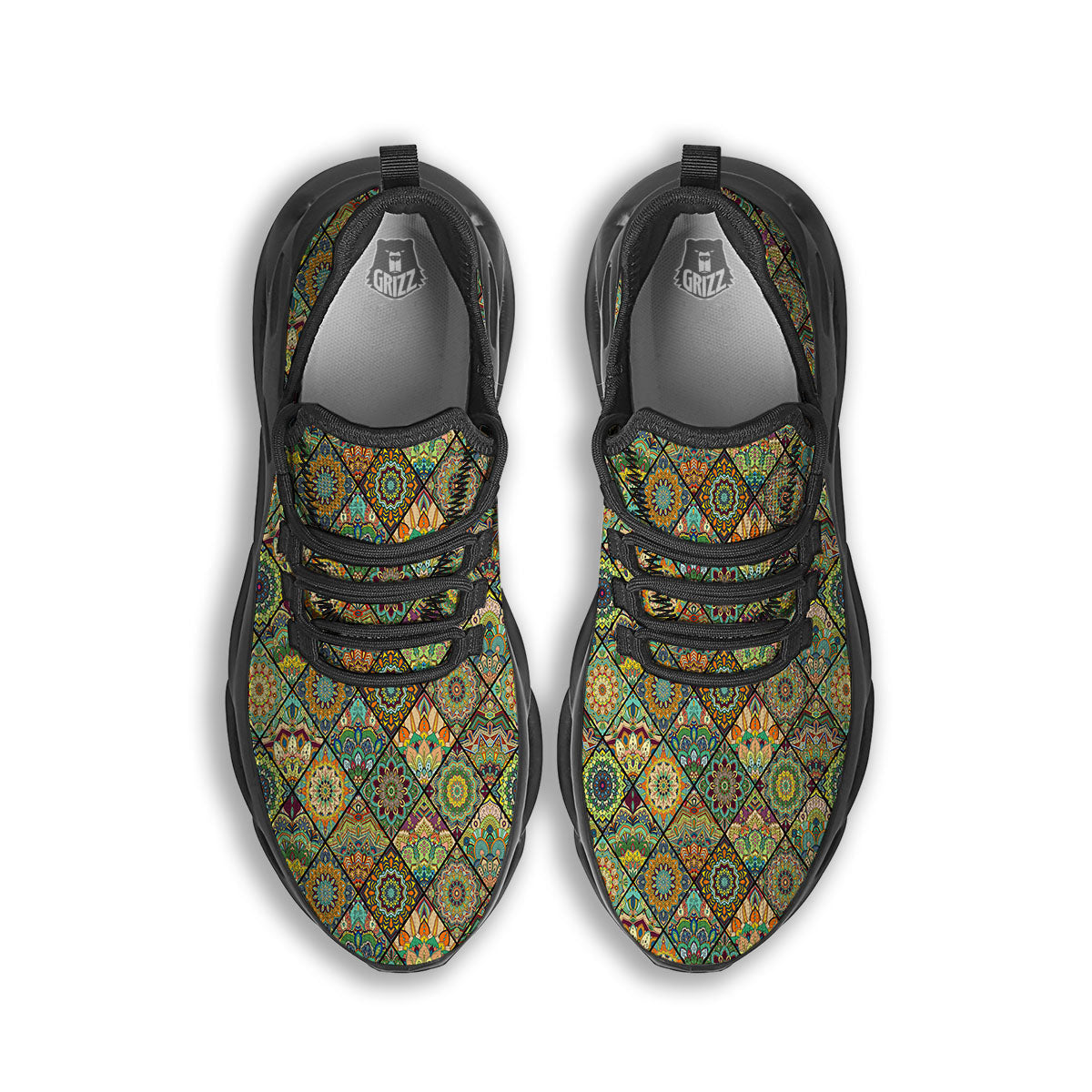 Mandala Patchwork Oval Bohemian Print Pattern Black Running Shoes-grizzshop