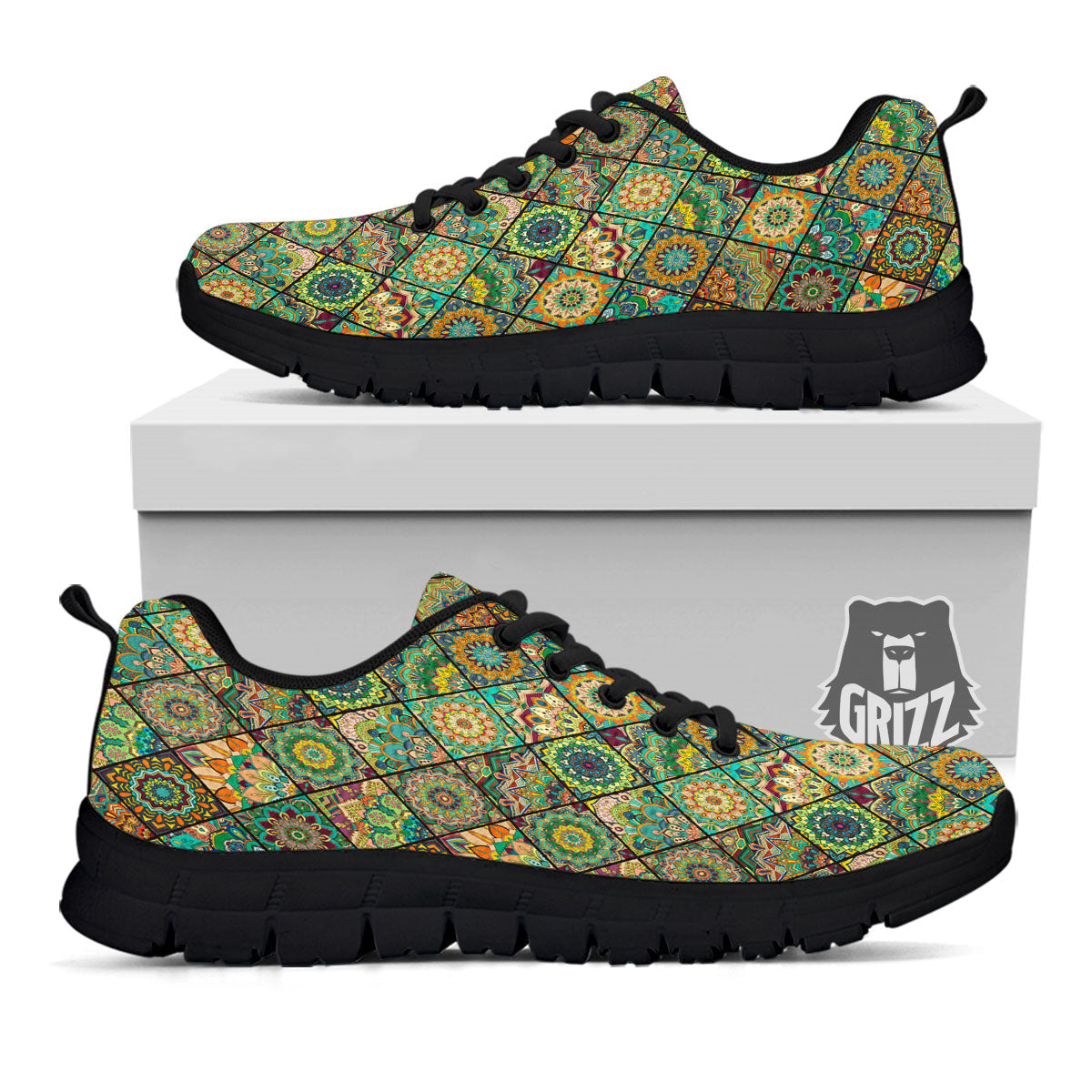 Mandala Patchwork Oval Bohemian Print Pattern Black Sneaker-grizzshop