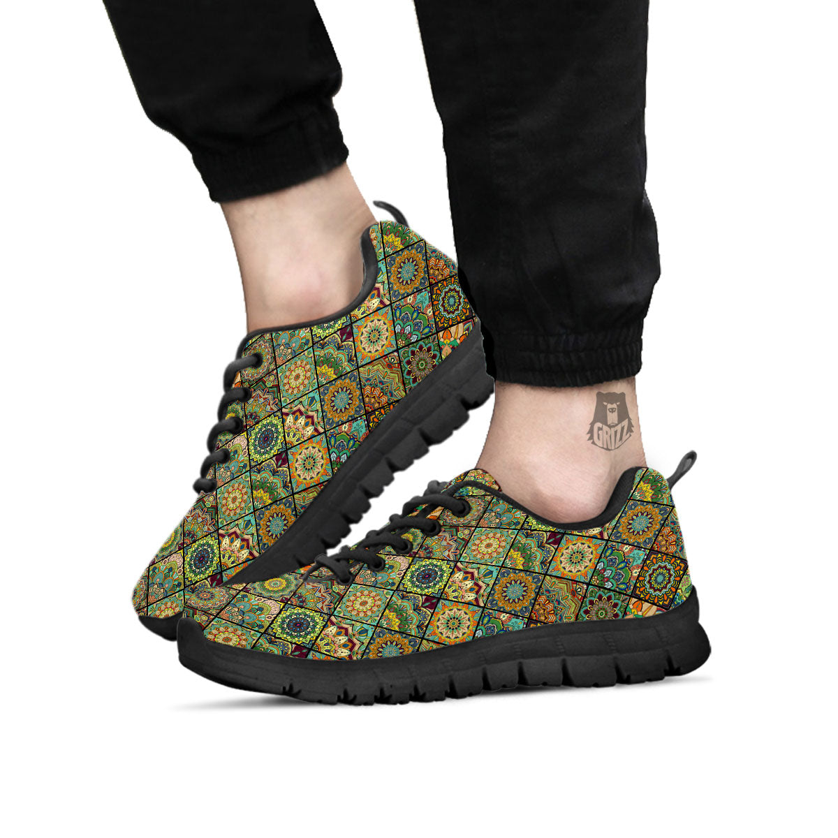 Mandala Patchwork Oval Bohemian Print Pattern Black Sneaker-grizzshop