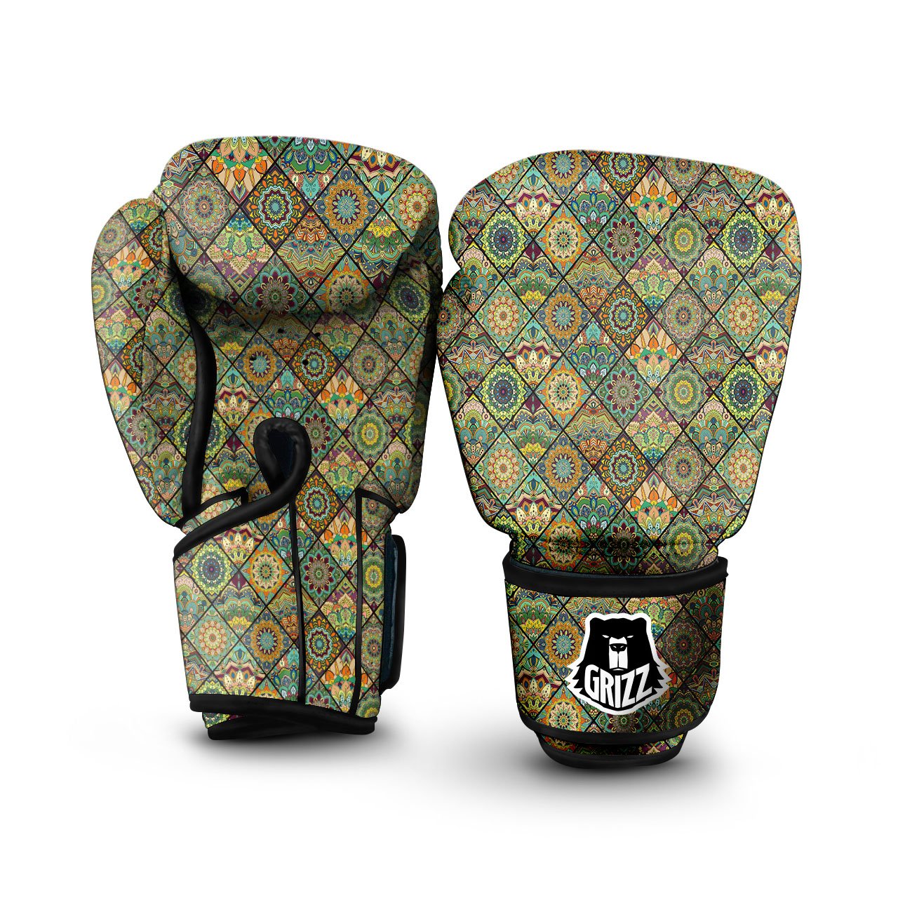 Mandala Patchwork Oval Bohemian Print Pattern Boxing Gloves-grizzshop