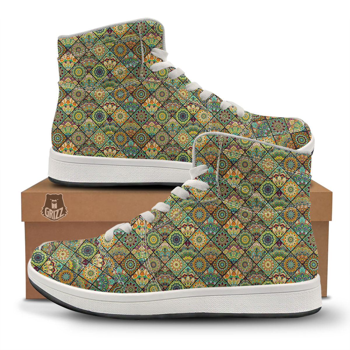 Mandala Patchwork Oval Bohemian Print Pattern High Top Sneakers-grizzshop