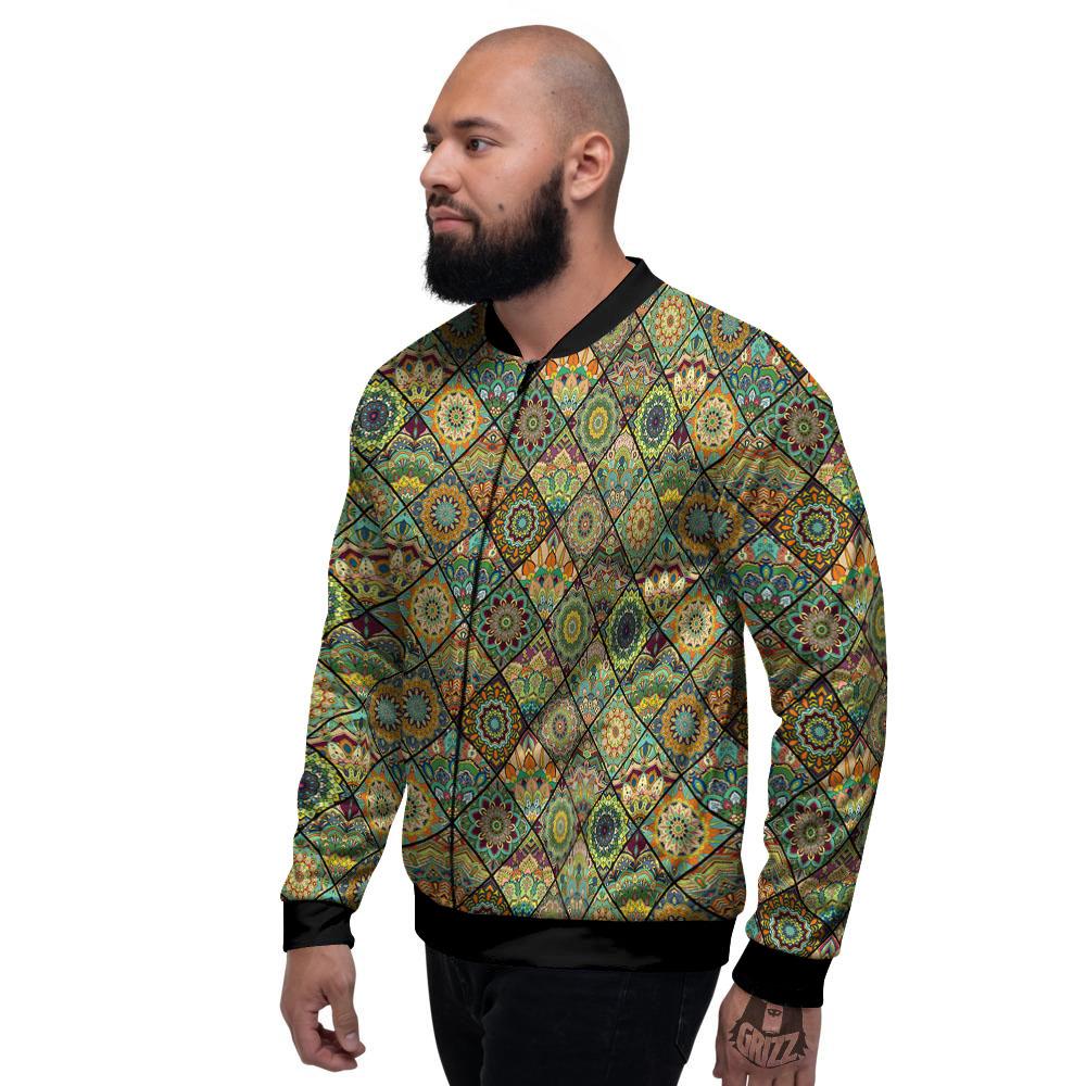 Mandala Patchwork Oval Bohemian Print Pattern Men's Bomber Jacket-grizzshop