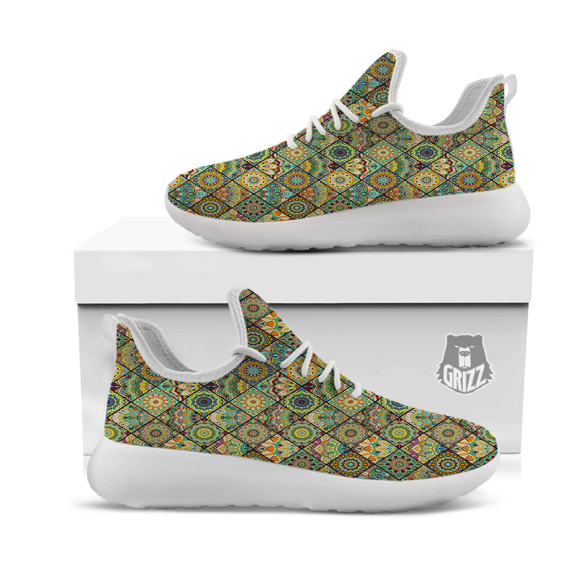 Mandala Patchwork Oval Bohemian Print Pattern White Athletic Shoes-grizzshop
