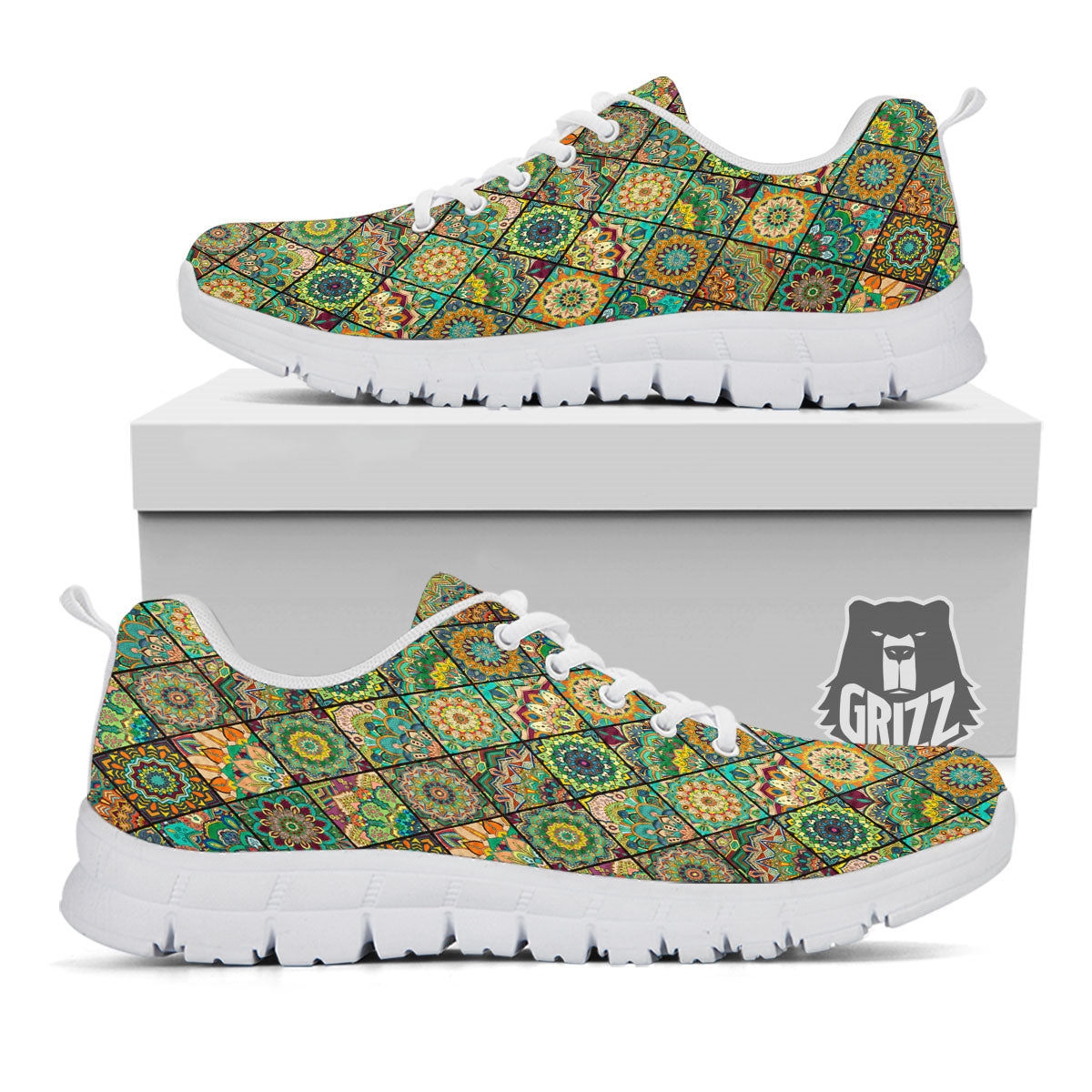 Mandala Patchwork Oval Bohemian Print Pattern White Sneaker-grizzshop