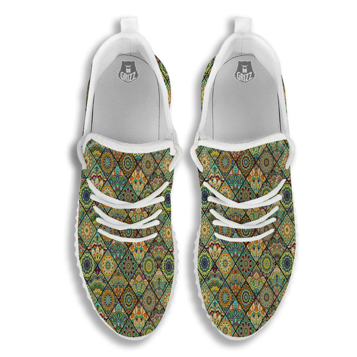 Mandala Patchwork Oval Bohemian Print Pattern White Walking Shoes-grizzshop