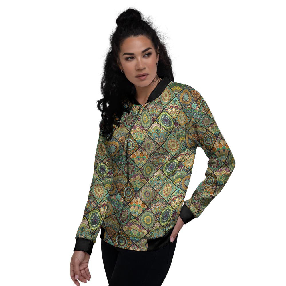 Mandala Patchwork Oval Bohemian Print Pattern Women's Bomber Jacket-grizzshop