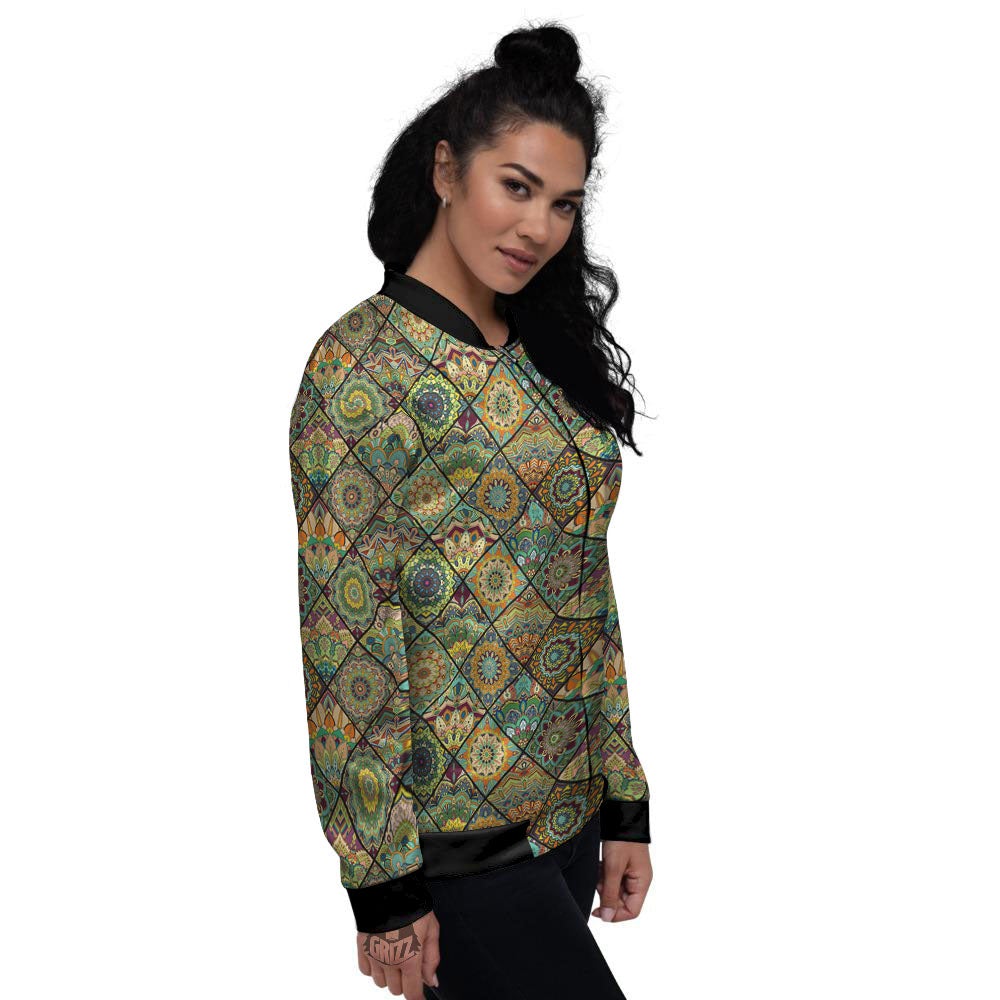 Mandala Patchwork Oval Bohemian Print Pattern Women's Bomber Jacket-grizzshop