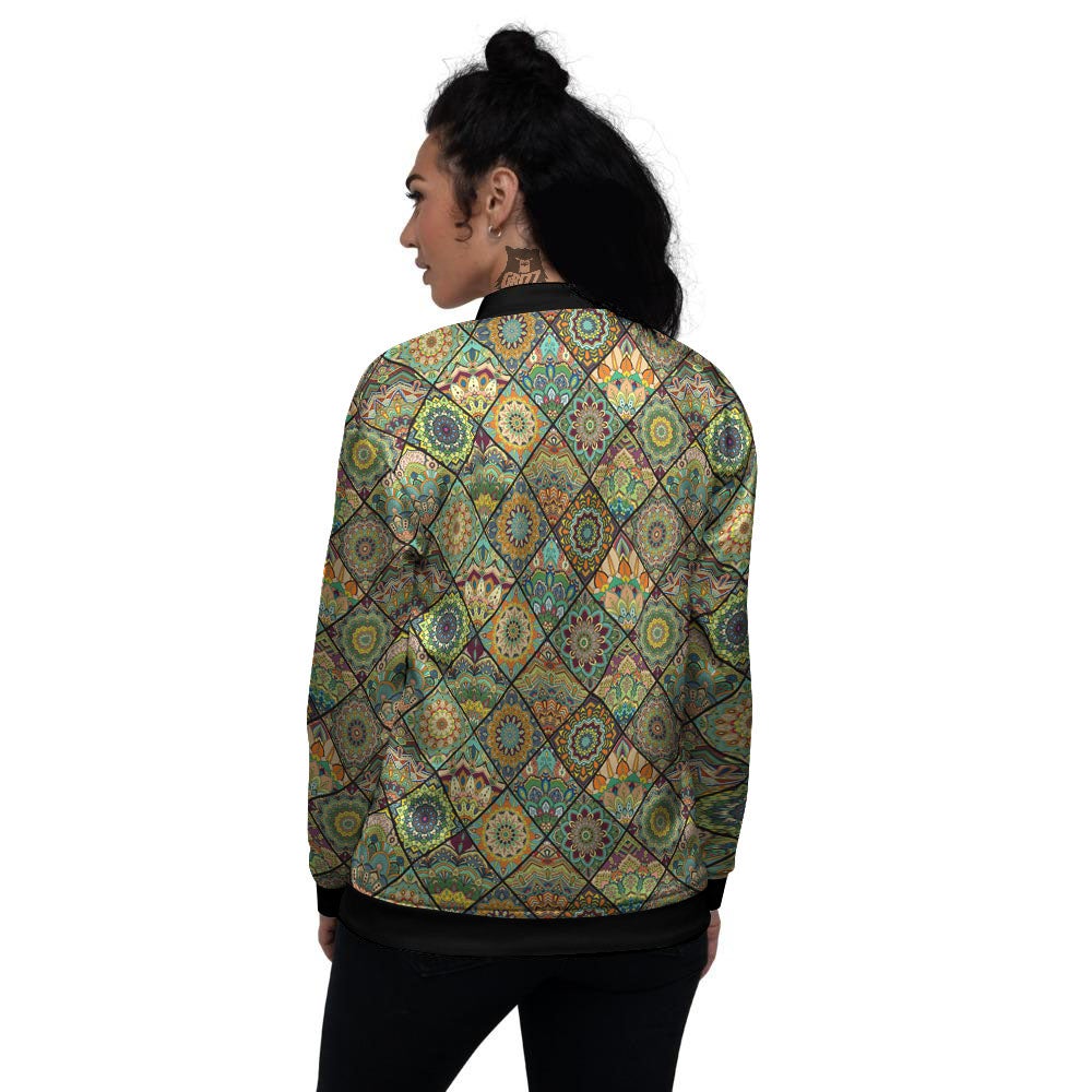 Mandala Patchwork Oval Bohemian Print Pattern Women's Bomber Jacket-grizzshop