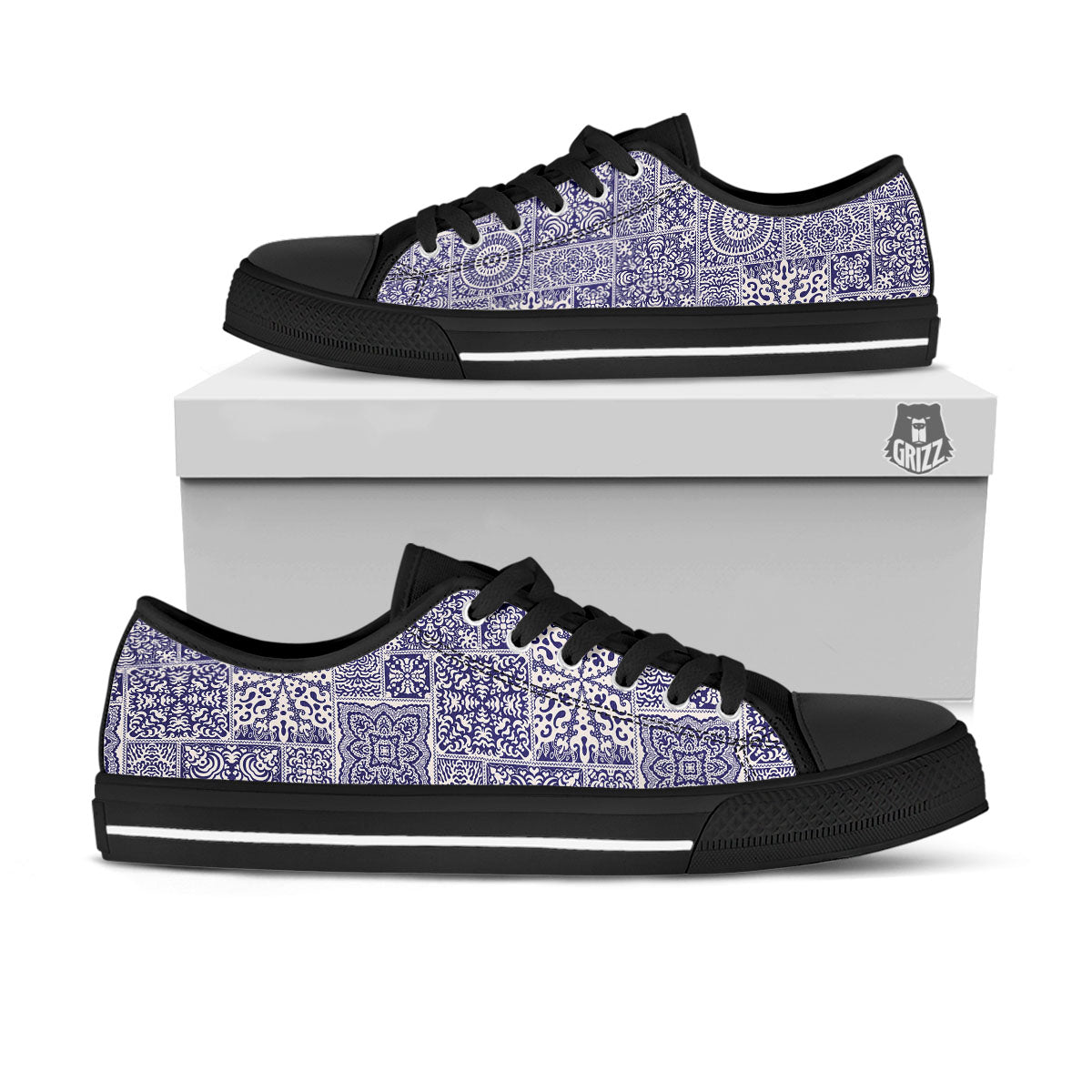 Mandala Patchwork Square Bohemian Print Pattern Black Low Top Shoes-grizzshop