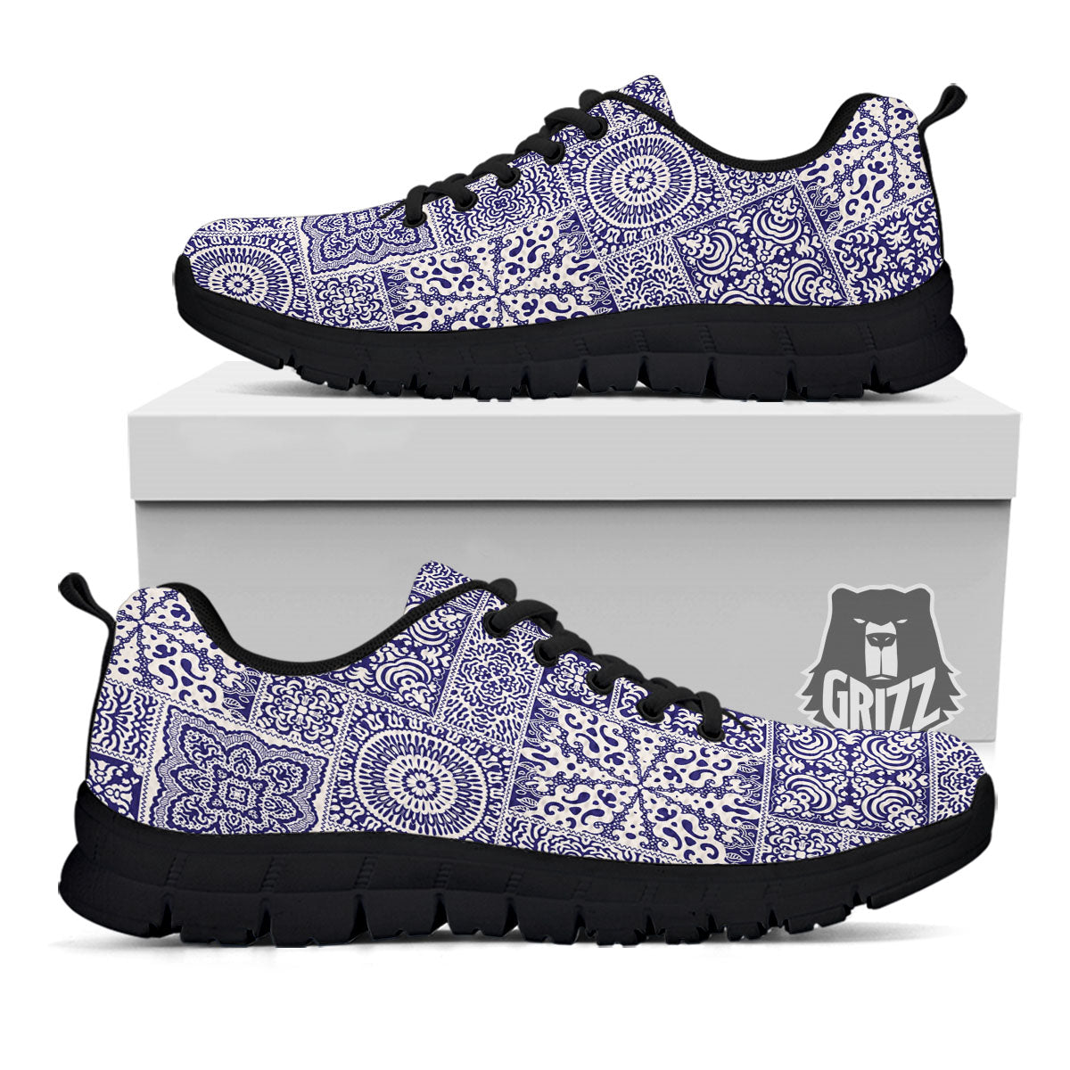 Mandala Patchwork Square Bohemian Print Pattern Black Sneaker-grizzshop