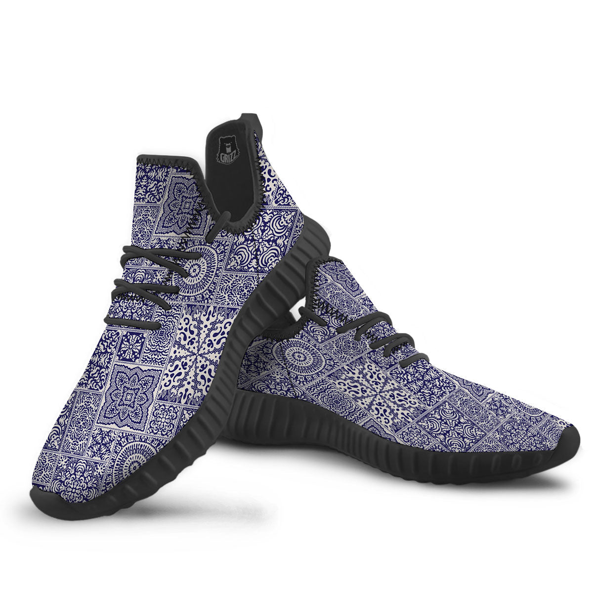 Mandala Patchwork Square Bohemian Print Pattern Black Walking Shoes-grizzshop