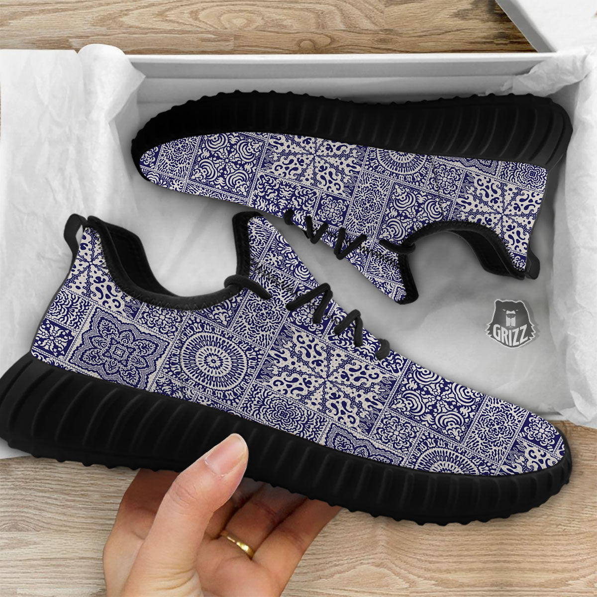 Mandala Patchwork Square Bohemian Print Pattern Black Walking Shoes-grizzshop