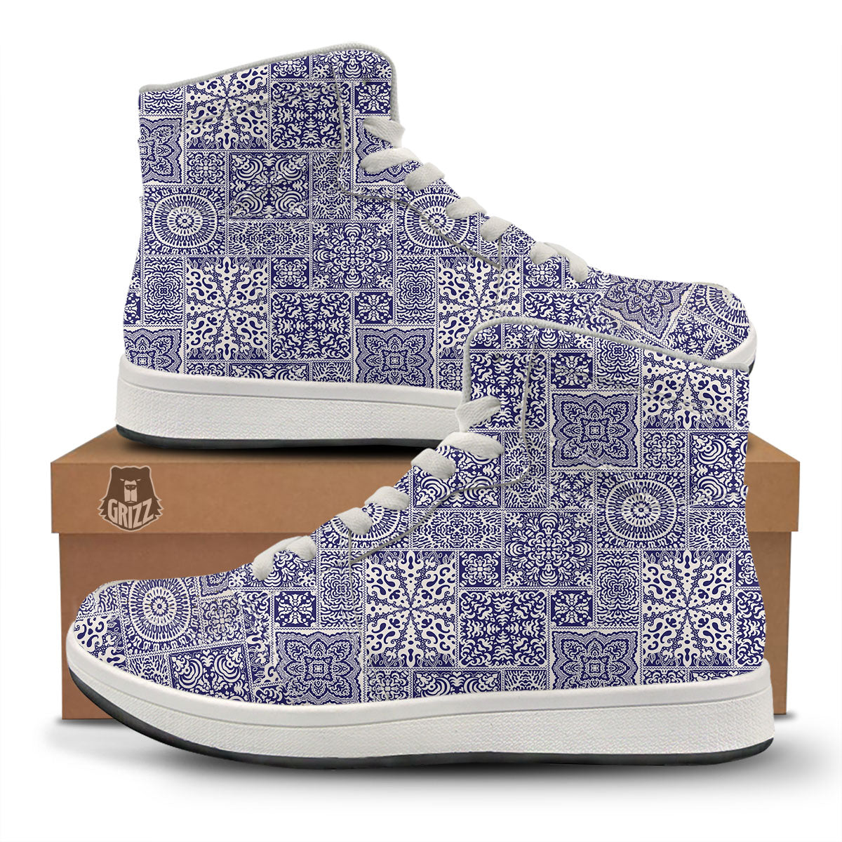 Mandala Patchwork Square Bohemian Print Pattern High Top Sneakers-grizzshop