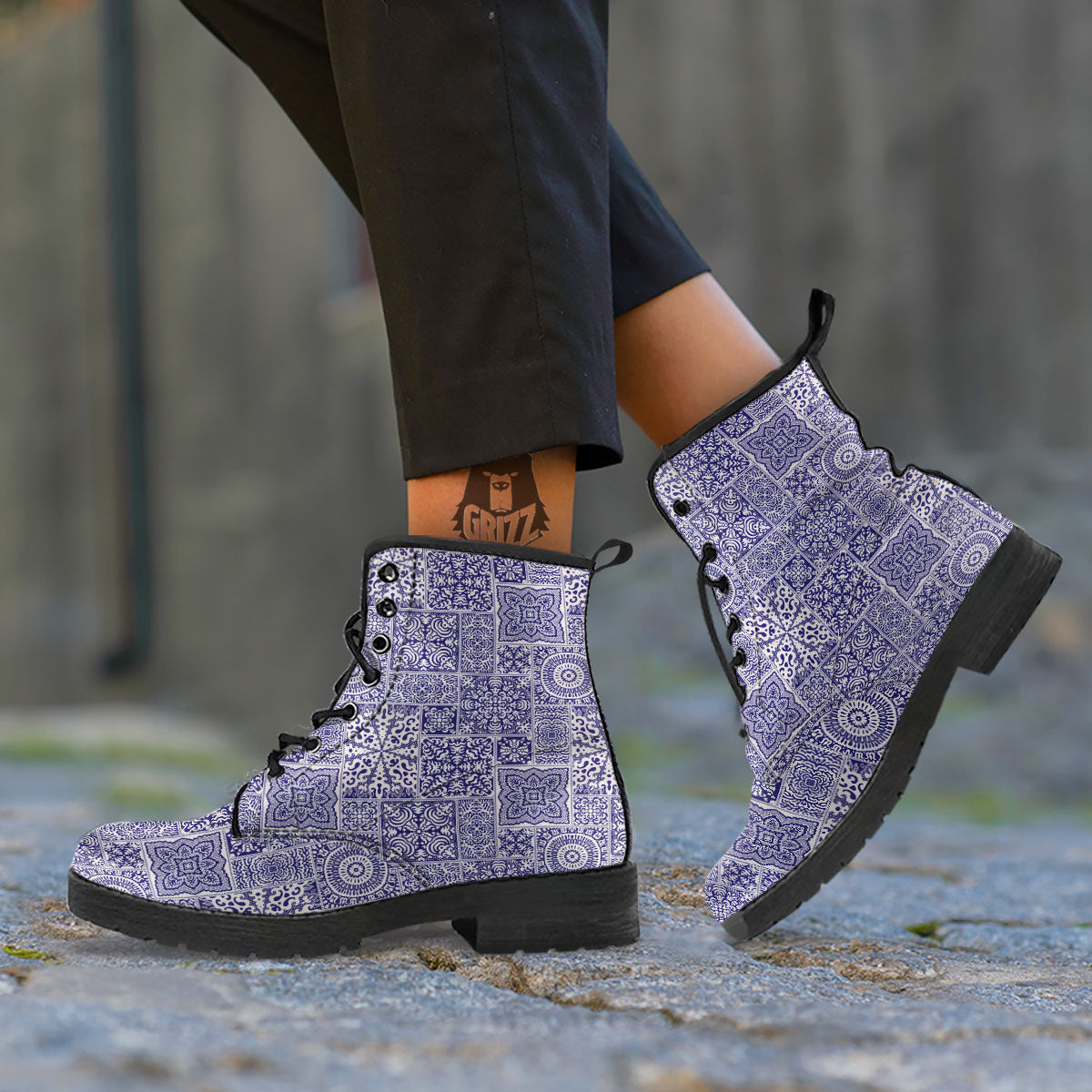 Mandala Patchwork Square Bohemian Print Pattern Leather Boots-grizzshop