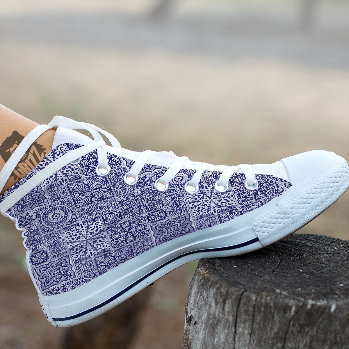 Mandala Patchwork Square Bohemian Print Pattern White High Top Shoes-grizzshop