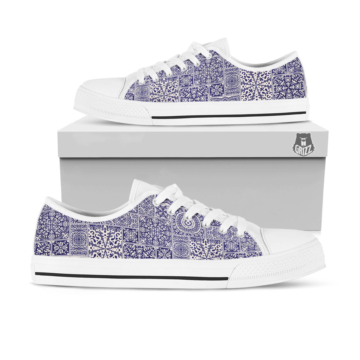 Mandala Patchwork Square Bohemian Print Pattern White Low Top Shoes-grizzshop