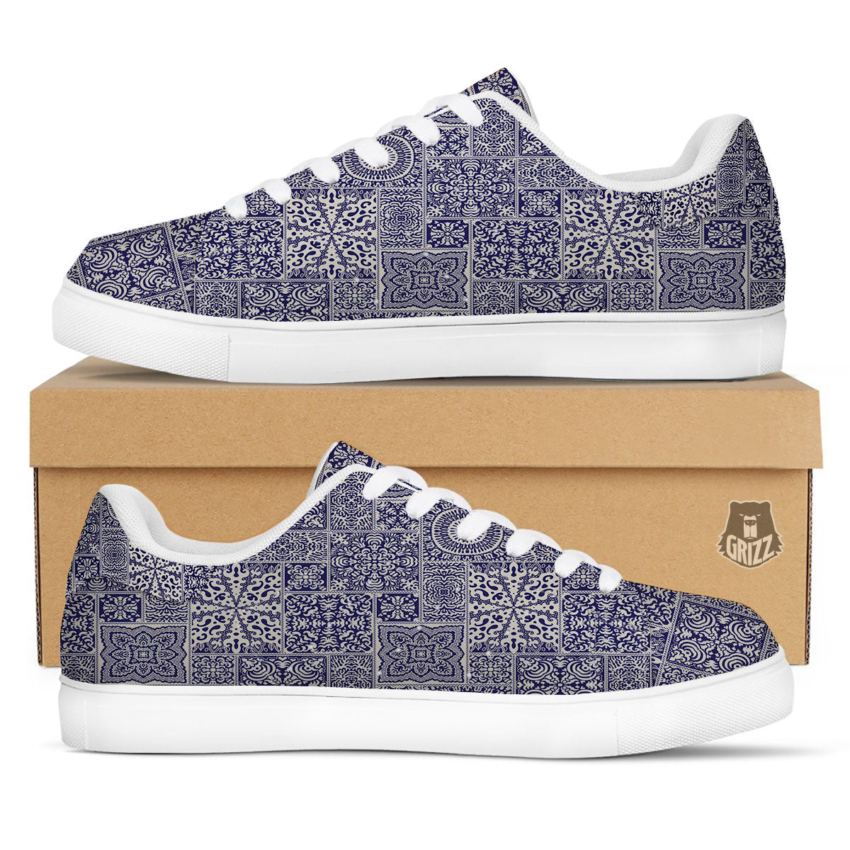 Mandala Patchwork Square Bohemian Print Pattern White Low Top Sneakers-grizzshop