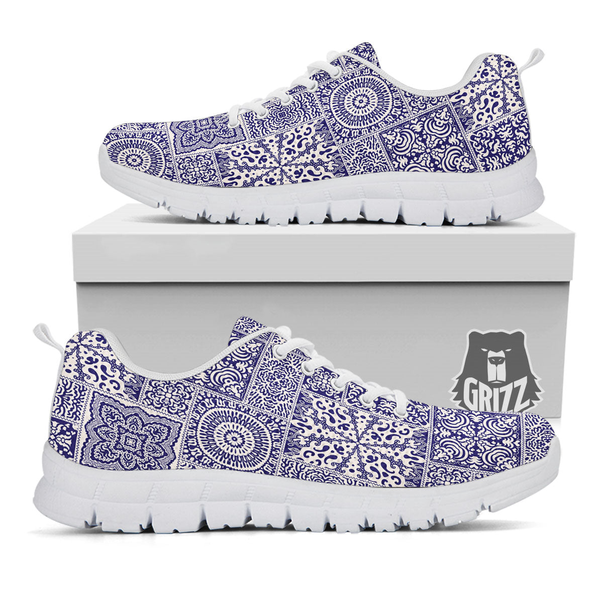 Mandala Patchwork Square Bohemian Print Pattern White Sneaker-grizzshop